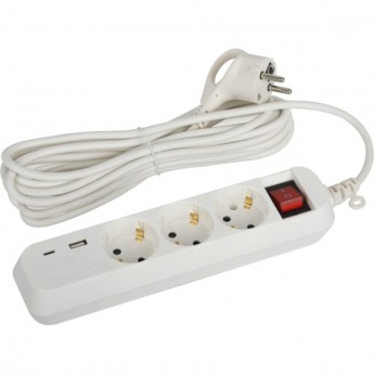 Удлинитель ЭРА Б0052899 3х5м с заземлением 10А 1xUSBA+1xUSBC с выключателем UB-3es-5m-USB